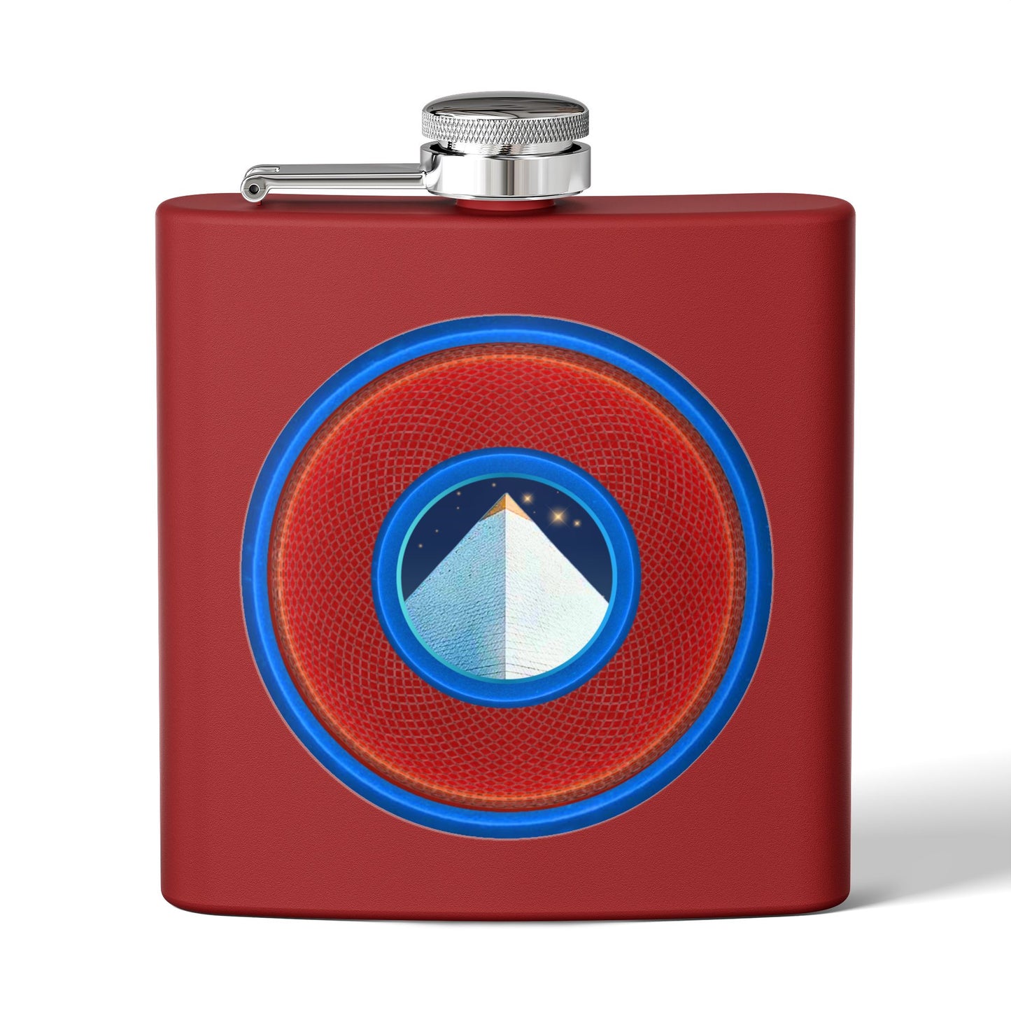 Lump's Donut Flask 6 oz -  "Limestone Flask" - red/light blue rustic donut - [*w/your choice of 6 backgrounds]