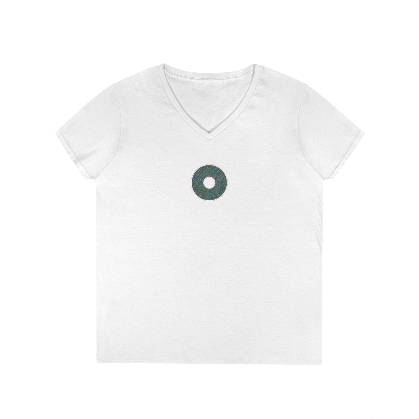 Women's Donut V-Neck Tee - "The Pixilated Donut" - multicolor pixel donut w/wide red outline