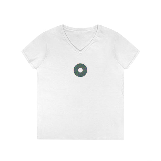 Women's Donut V-Neck Tee - "The Pixilated Donut" - multicolor pixel donut w/wide red outline