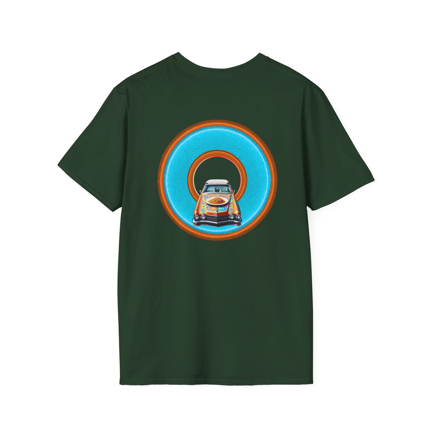 Classic Donut Tee - Unisex Soft-Style - "Cadillac Rainbow Spaghetti Incident" - series 1.0  - variant 2 - blue/orange donut