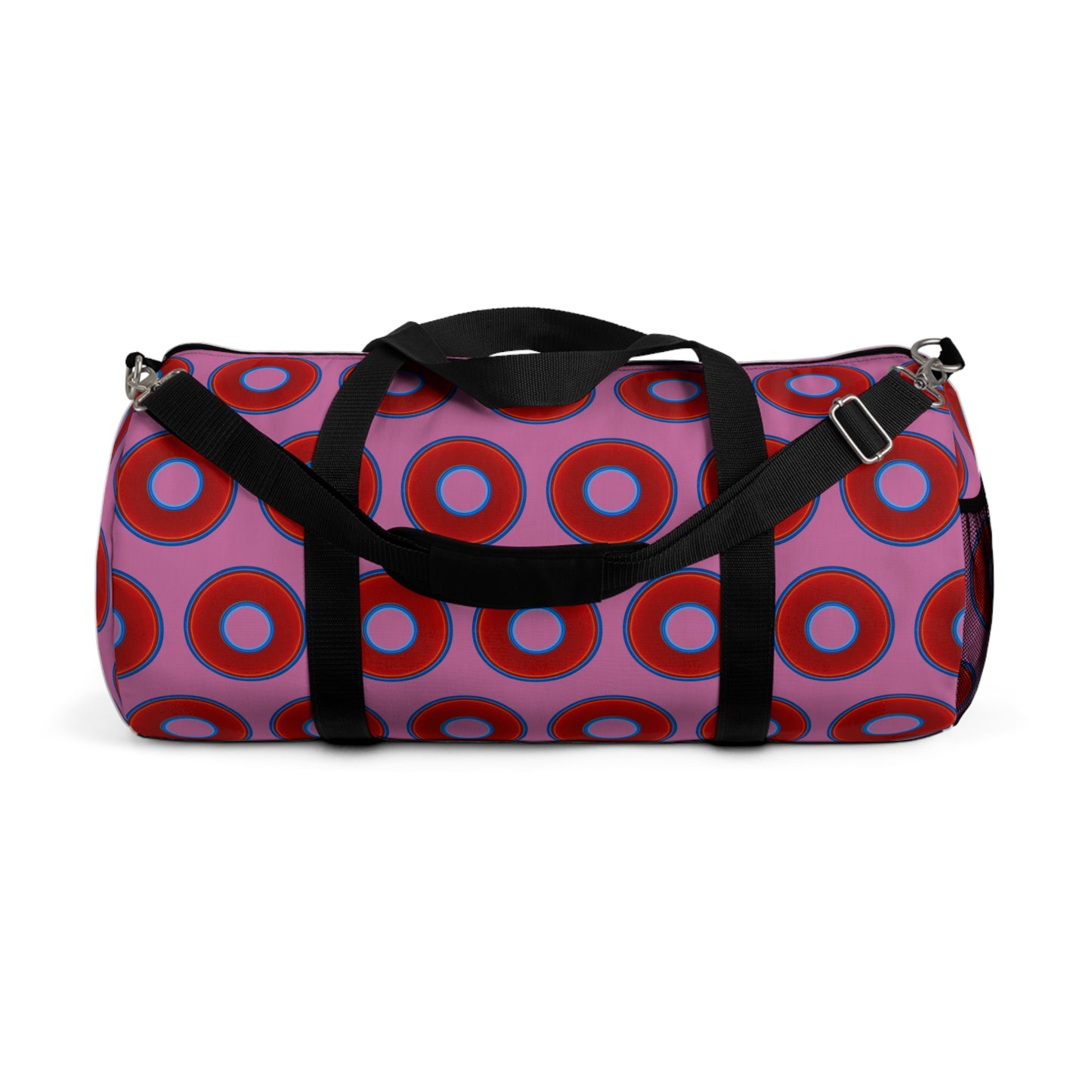 Lumpy Duffel - vivid red donuts w/light pink background