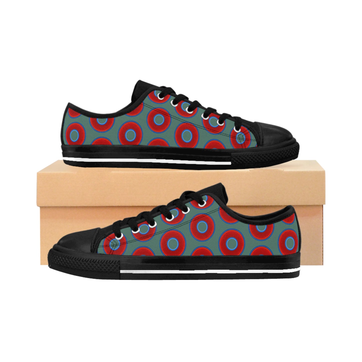 Men's Cushiony Convectors - Low Top - large red vivid donut print w/Fenway green background