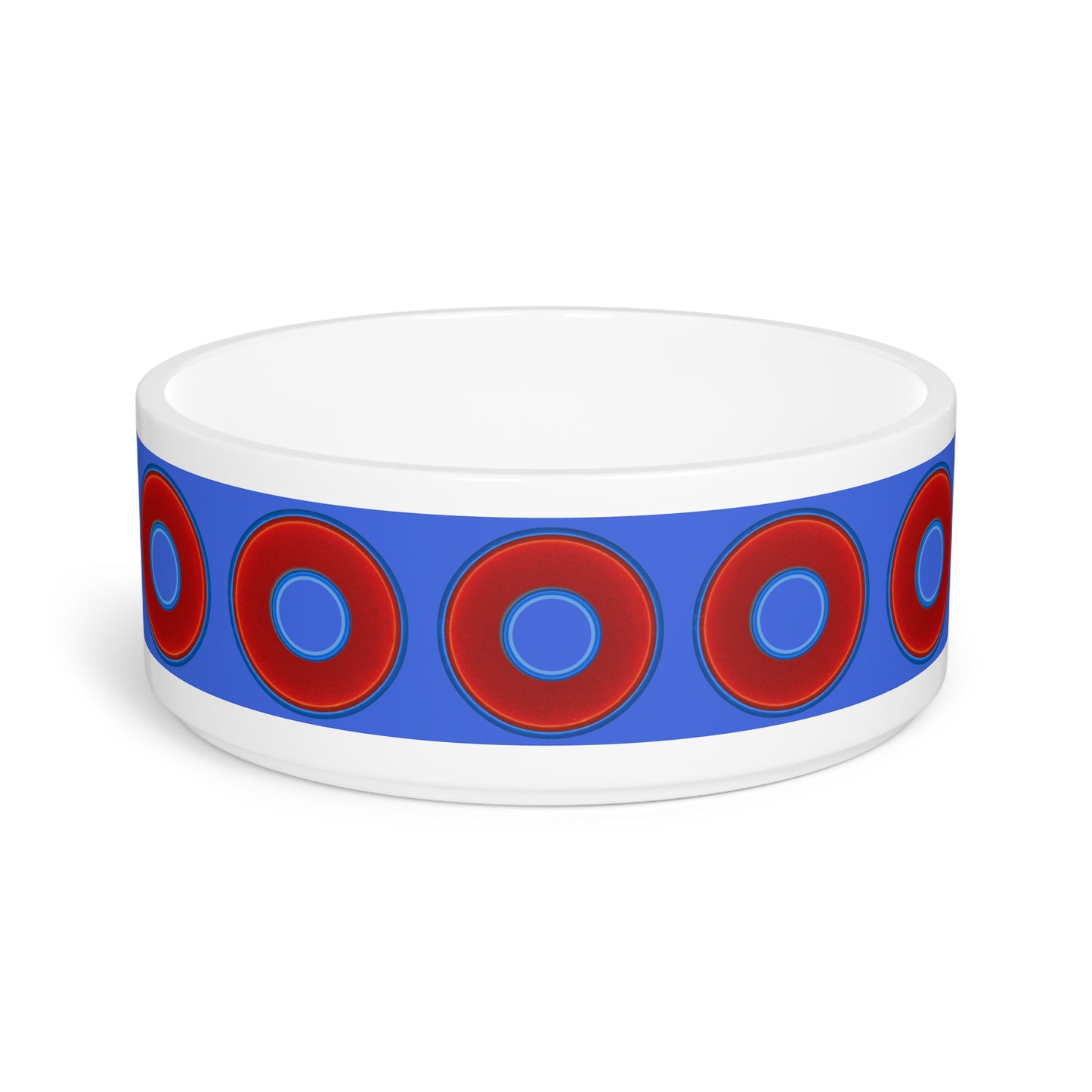 16 oz Lumpy Pet Bowl - vivid red donuts w/royal blue background