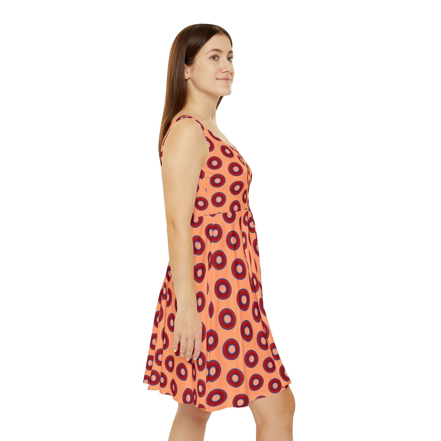 Women's Skater Donut Dress - vivid red donut print w/peach background