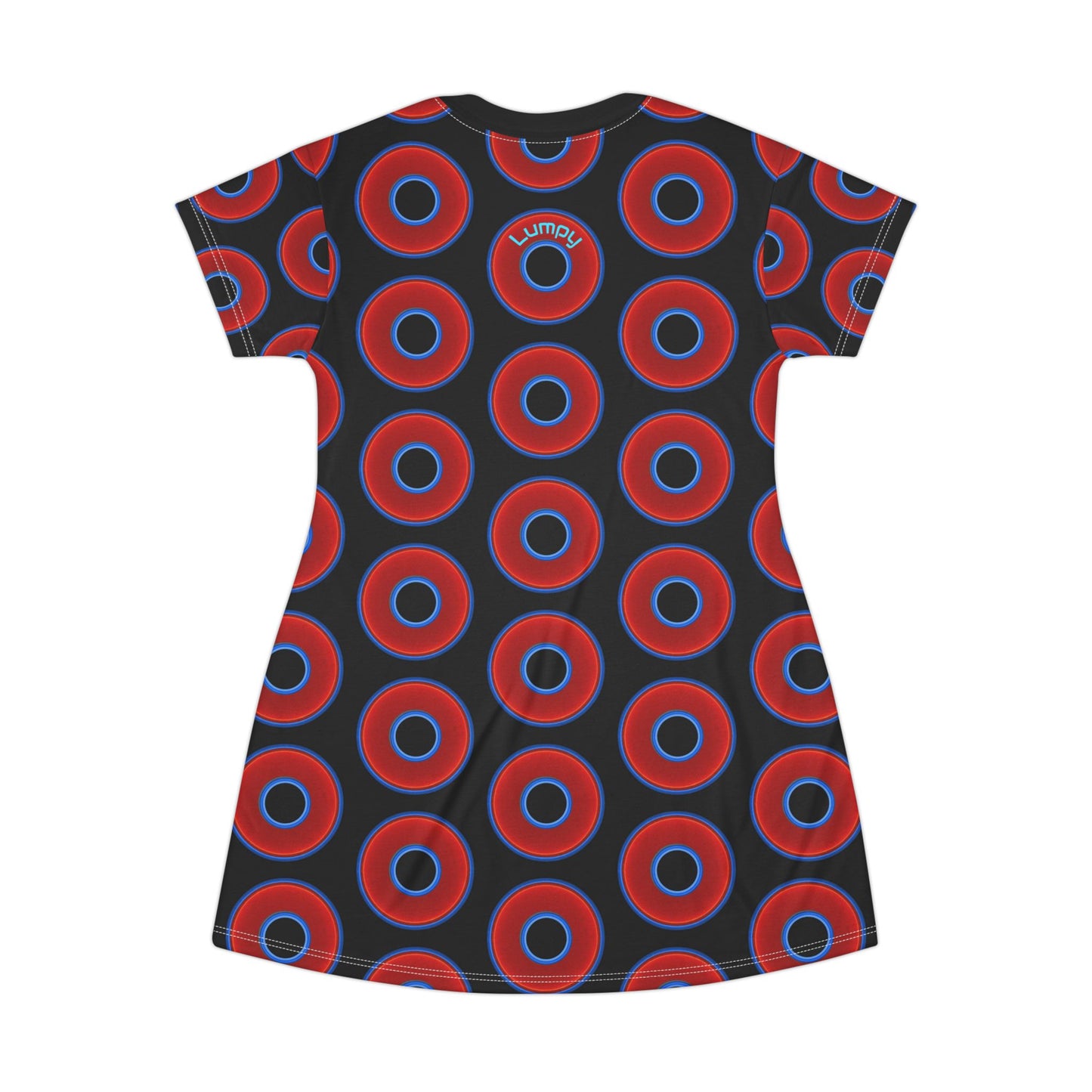 Not a Muumuu AOP Tee Shirt Dress - red vivid donuts w/black background