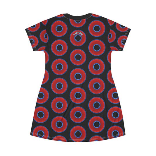 Not a Muumuu AOP Tee Shirt Dress - red vivid donuts w/black background