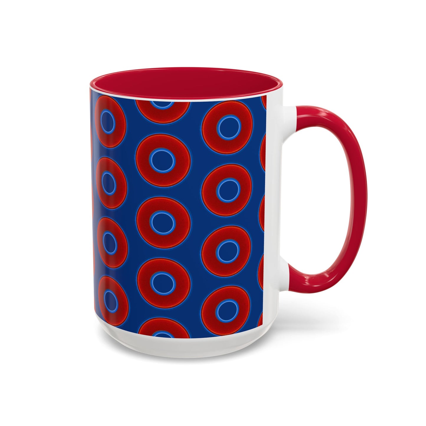 Lump's Grumpy Coffee Mug - vivid red donuts w/dark blue background