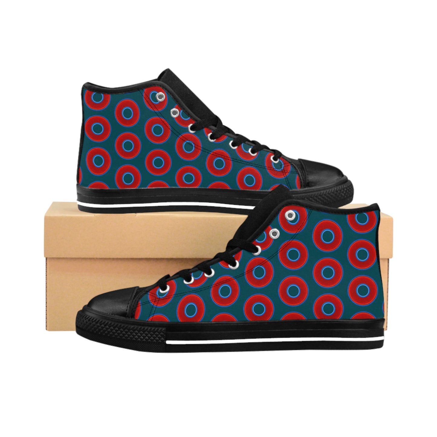 Men's Cushiony Convectors - High Tops - red vivid donuts w/midnight teal green background