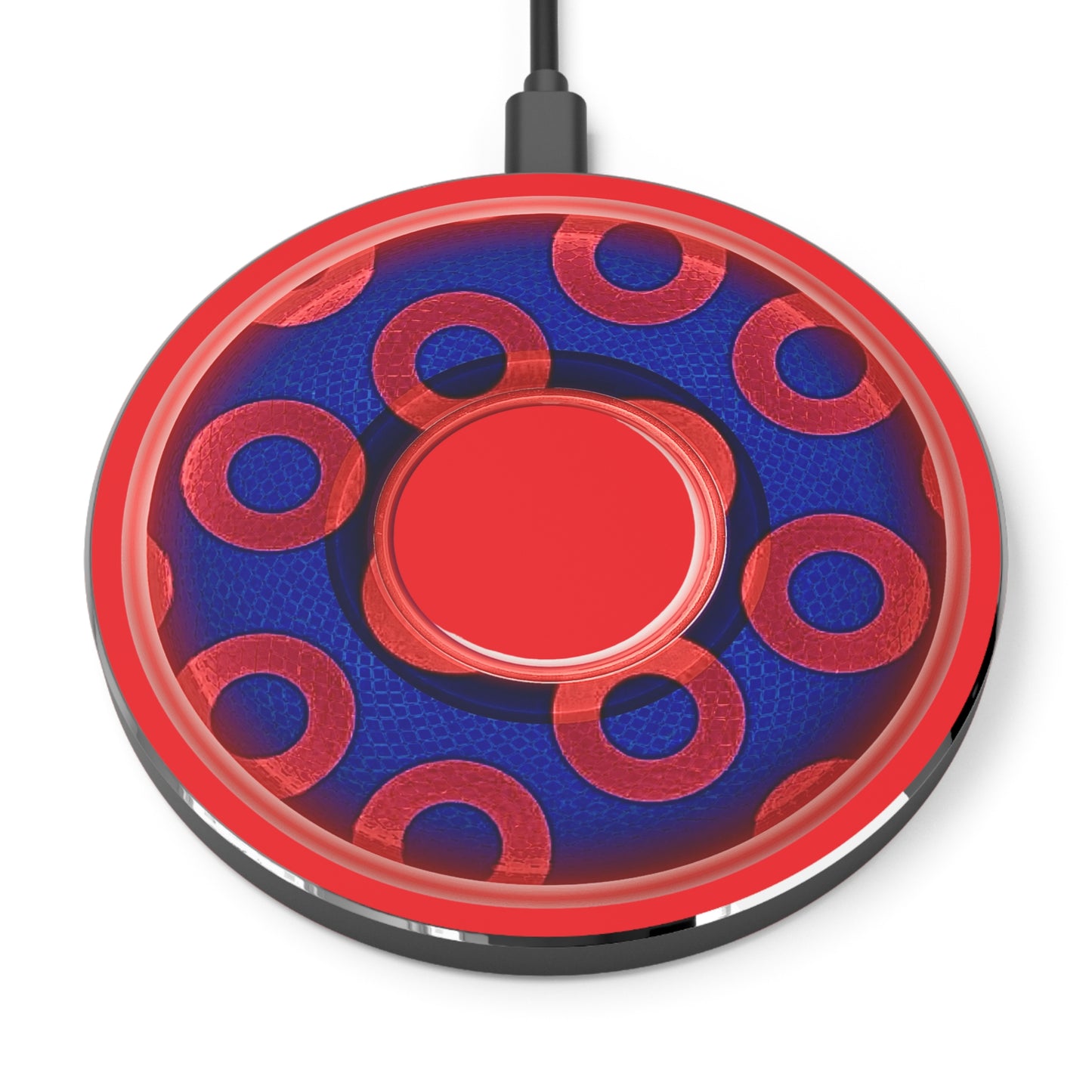 The Flow - Wireless Lumpy Donut Chargers - paradoxical rustic red/blue donut w/red background - variant 2