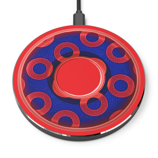 The Flow - Wireless Lumpy Donut Chargers - paradoxical rustic red/blue donut w/red background - variant 2