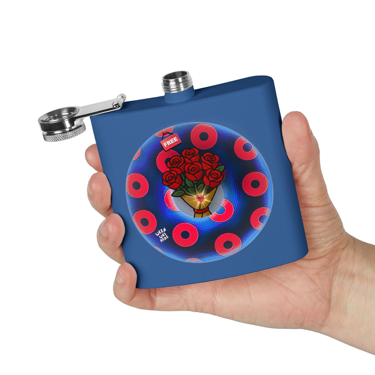 Lump's Donut Flask 6 oz -  "Donuts R Phree" - red/blue rustic donut - [*w/your choice of 6 backgrounds]