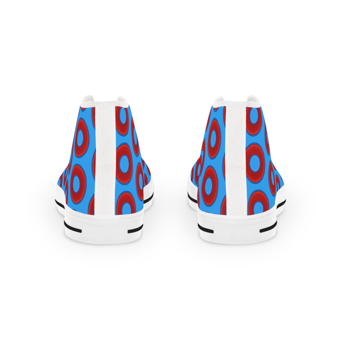 Men's High Top Chucks - large vivid red donut print w/sky royal blue background