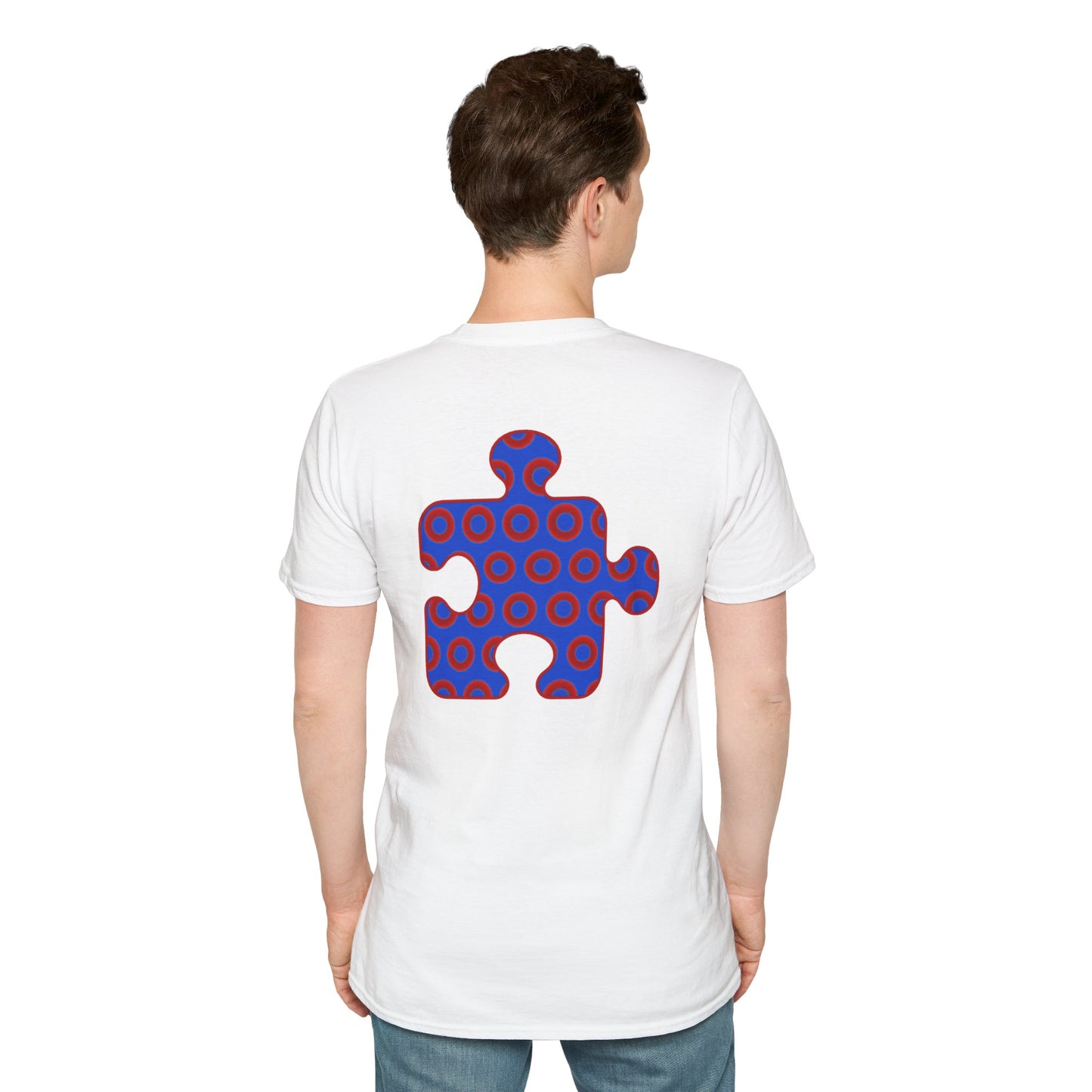 Classic Donut Tee - Unisex Soft-Style - "Trey's Completed Donut Pattern" - vivid red/blue puzzle pattern - variant 2