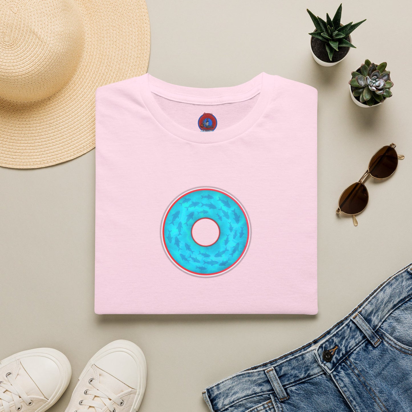 Classic Donut Tee - Unisex Soft-Style - "Skoolie of Phishies" - vivid sea donut - w/light blue water - variant 1