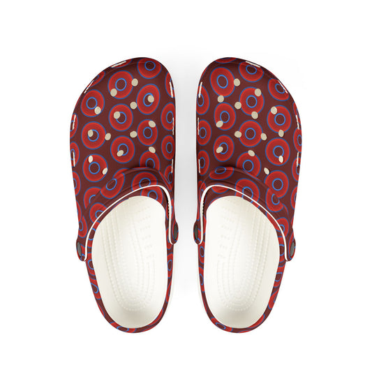 Spatchcocks - donut slip-on shoes - vivid red donuts w/dark red background [unisex]