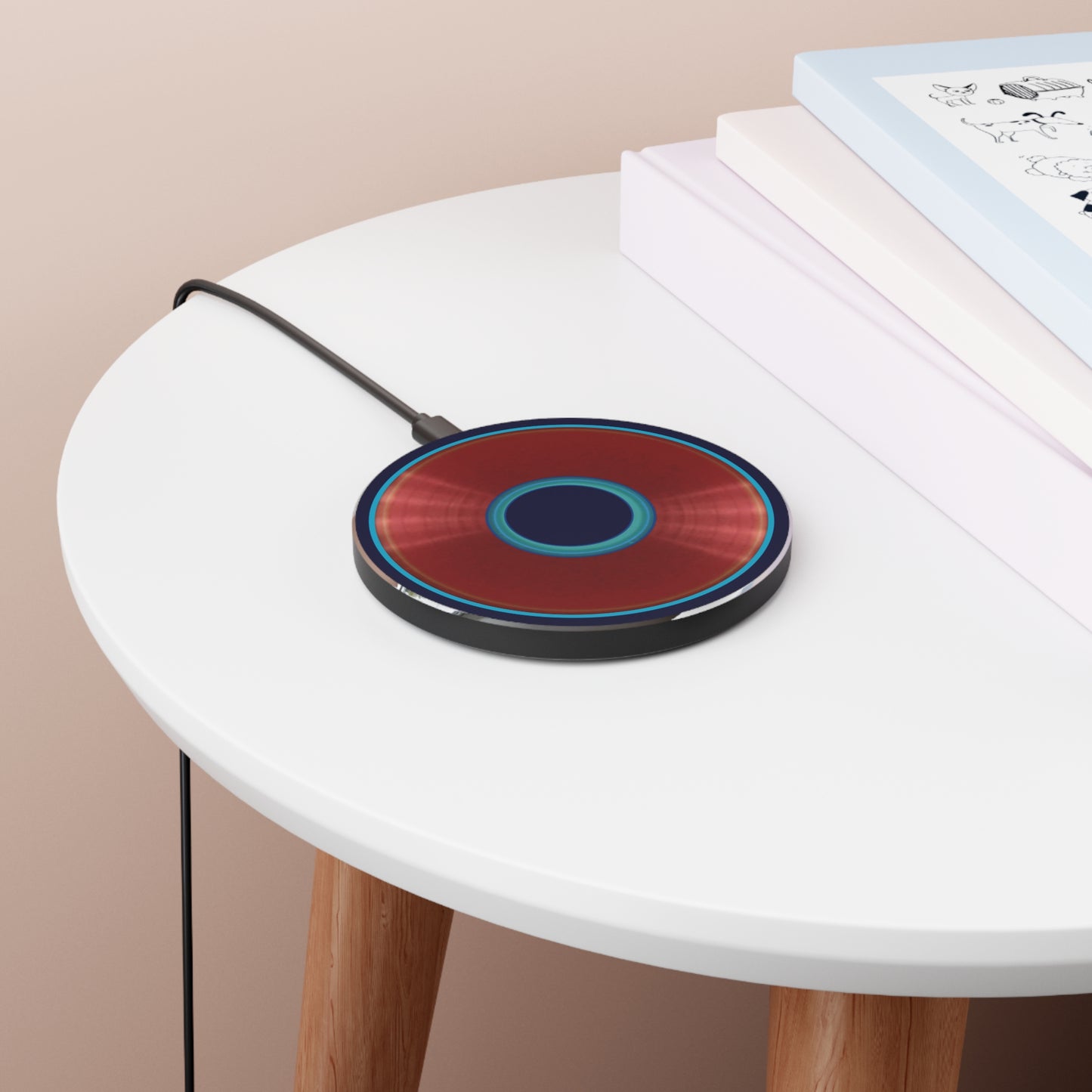The Flow - Wireless Lumpy Donut Chargers - vivid dark red/blue donut w/midnight blue background