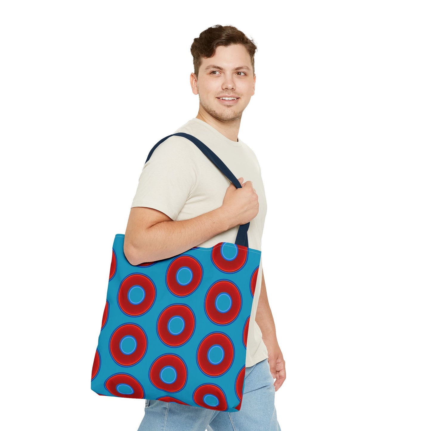 Lumpy Beach/Tote Bag - red vivid donuts w/aquamarine blue background