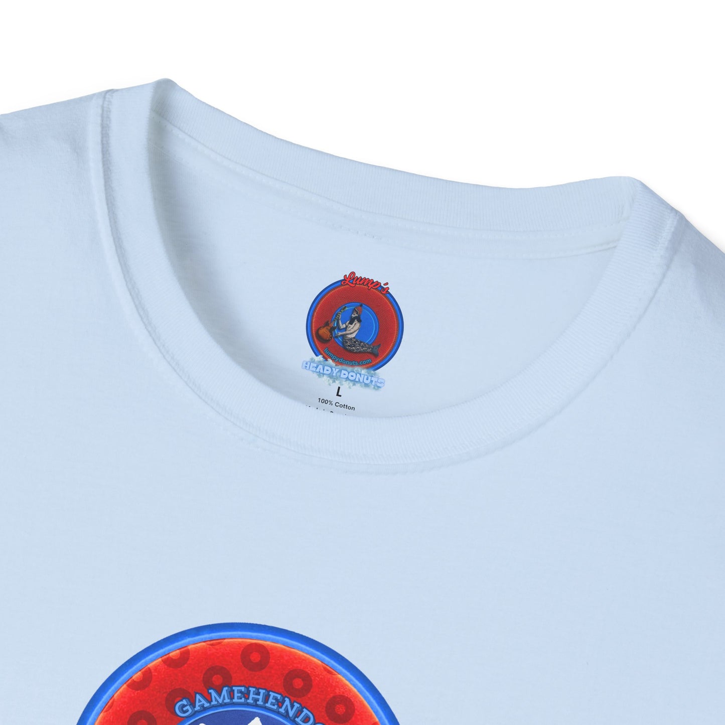 Classic Donut Tee - Unisex Soft-Style - "Phishy Chips" - vivid red/blue widemouthed paradox donut