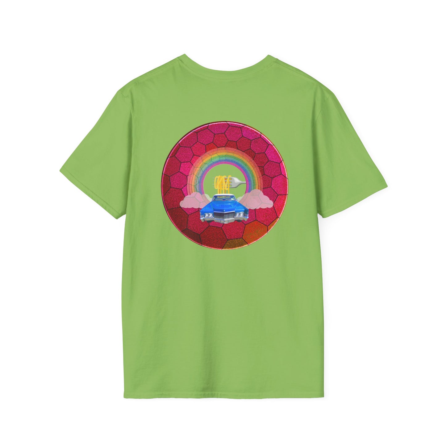 Classic Donut Tee - Unisex Soft-Style - "Cadillac Rainbows Donut Tee " - variant 2 - magenta hexadonut w/blue caddy