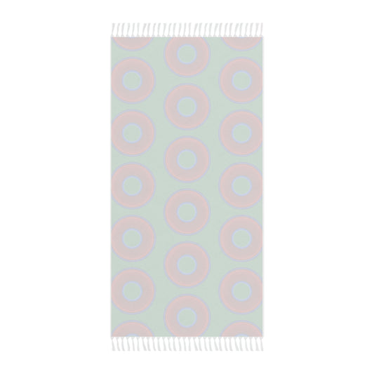 Oversized Lumpy Beach Towel - vivid red donuts w/jade green background