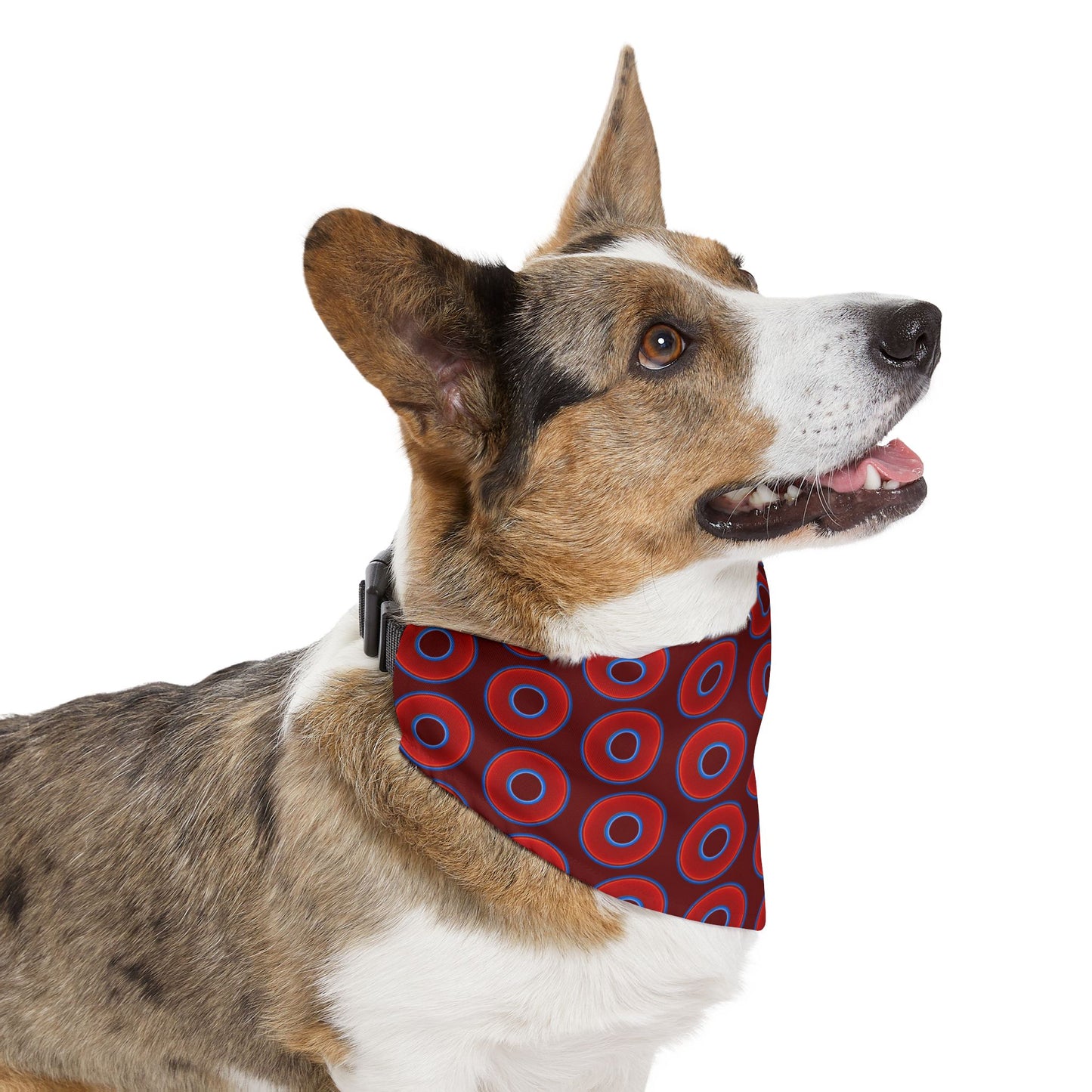 Jim's Lumpy Bandana Pet Collar - vivid red donuts w/dark red background