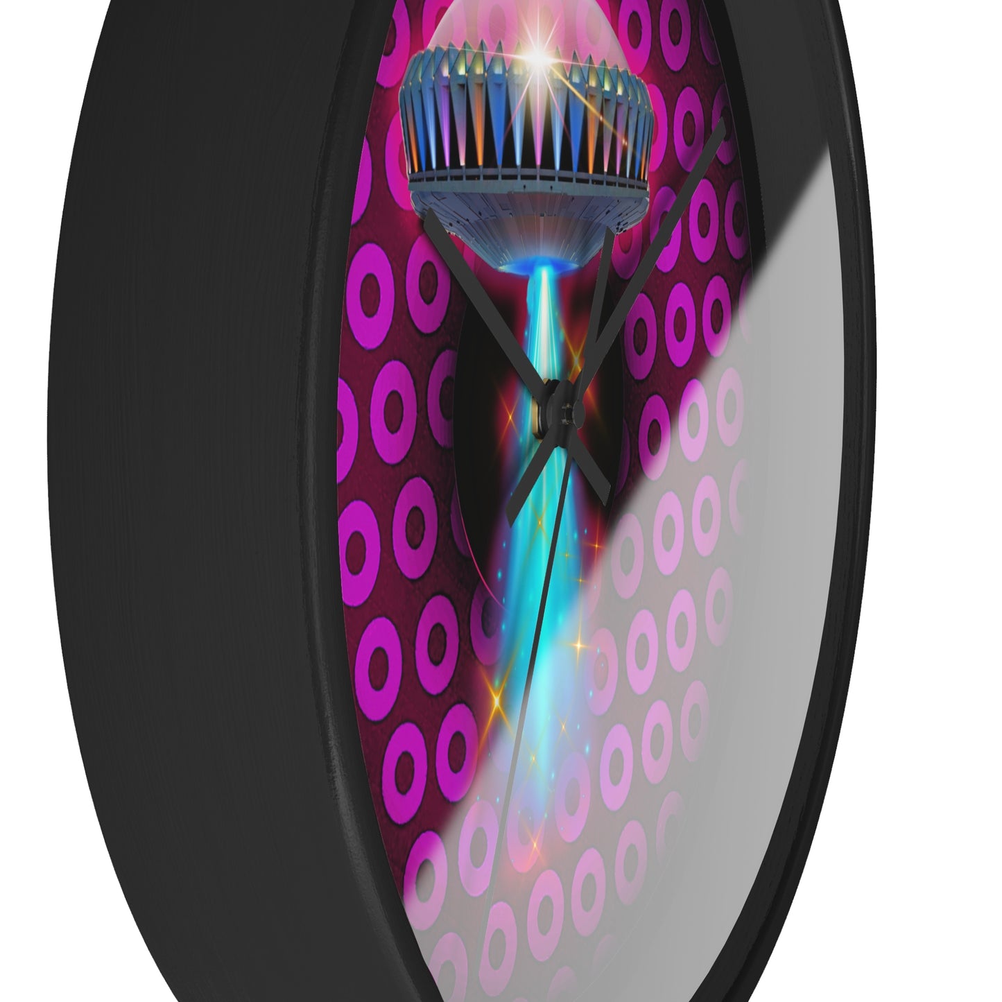 Lumpy Wall Clock - "They Serve Donuts on the Mothership now" - variant 3 - paradoxical dark red/magenta donut w/black background