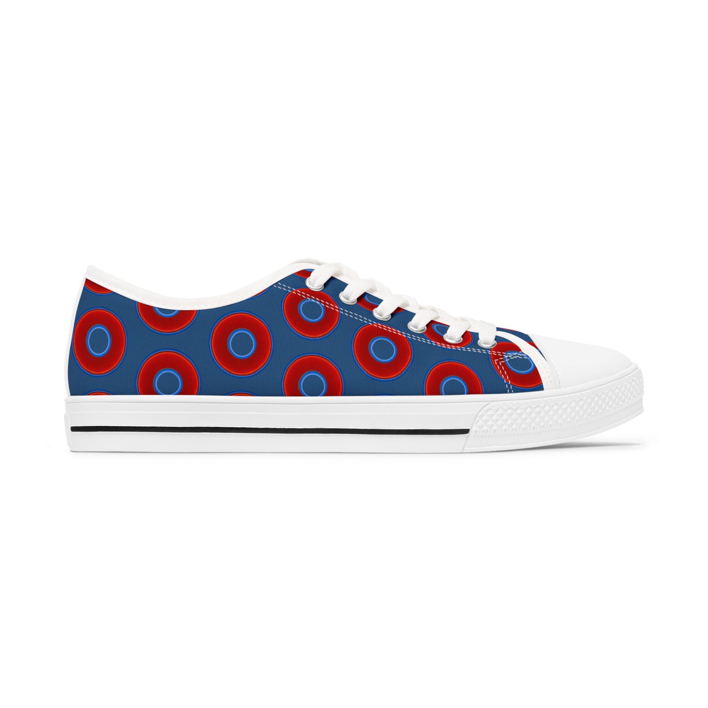 Women's - Low Top Chuck Taylors - large vivid red donut print w/dark navy background