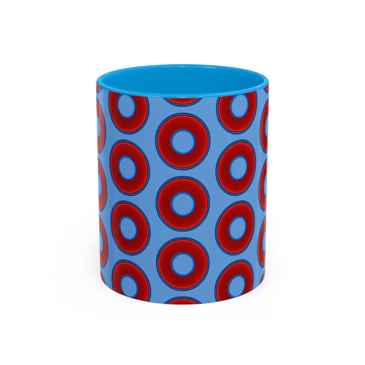Lump's Grumpy Coffee Mug - vivid red donuts w/light blue background