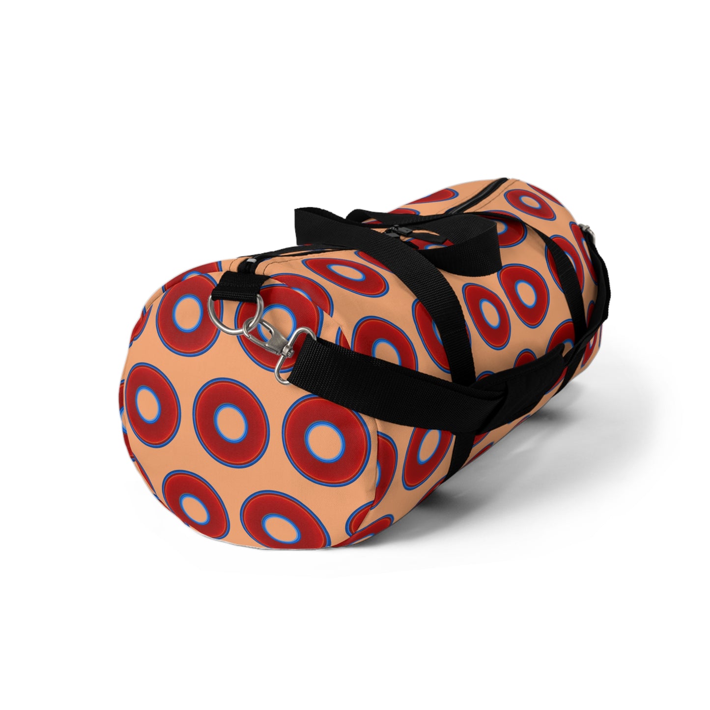 Lumpy Duffel - vivid red donuts w/peach background
