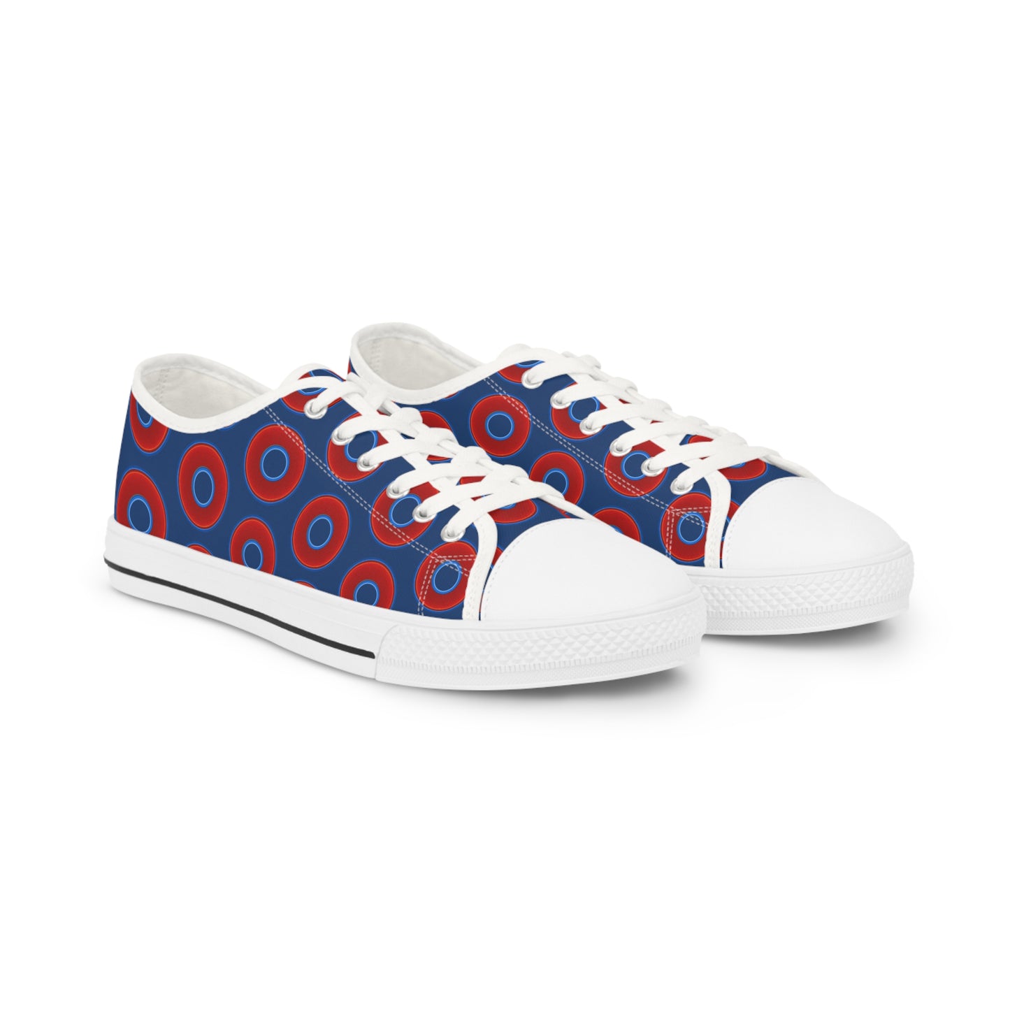 Men's - Low Top Chuck Taylors - large vivid red donut print w/Atlantic navy blue background