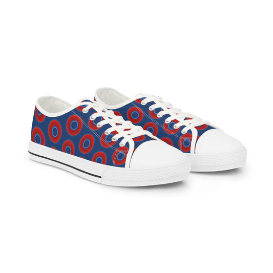 Men's - Low Top Chuck Taylors - large vivid red donut print w/Atlantic navy blue background