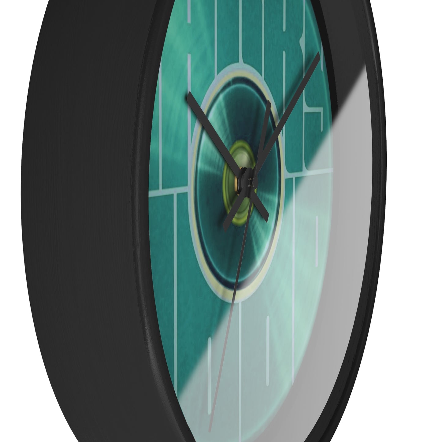 Lumpy Wall Clock - "Harry Hoodlum Donut Clock" - variant 3 - green vivid/word donut w/black background