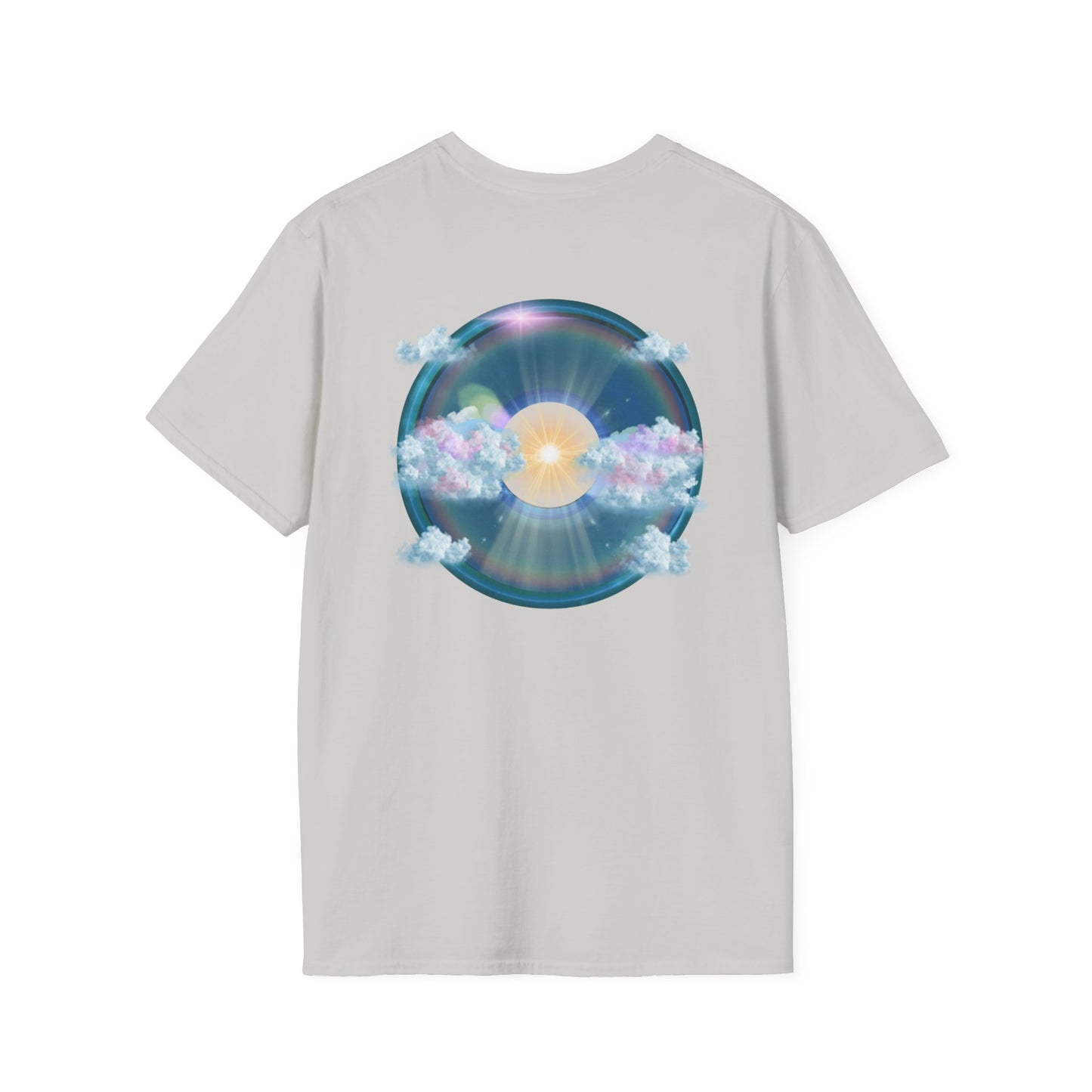 Classic Donut Tee - Unisex Soft-Style - "The Divided Donut" - variant 2 - blue donut  w/hole & sun [*50% to The Divided Sky Foundation]