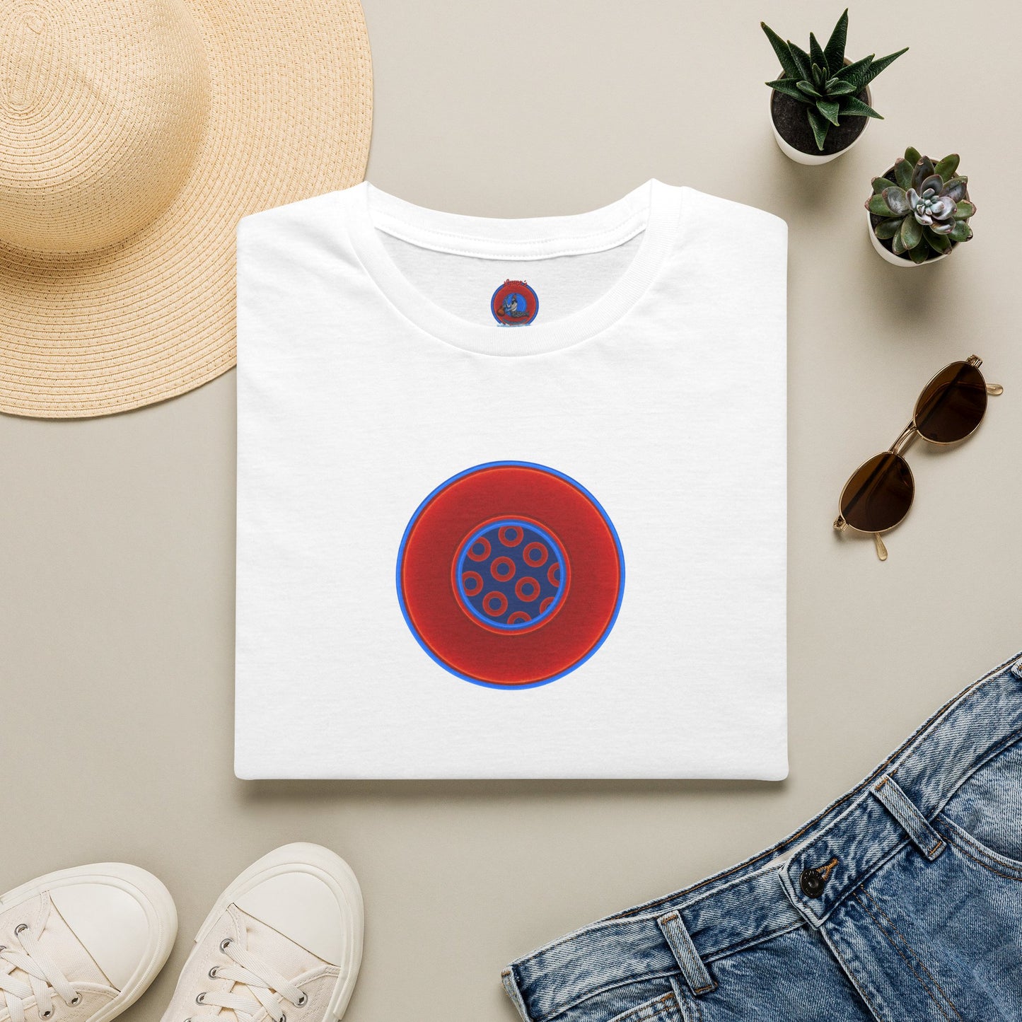 Classic Donut Tee - Unisex Soft-Style - "Portal Donut" - vivid red/blue donut  - w/navy blue - variant 2
