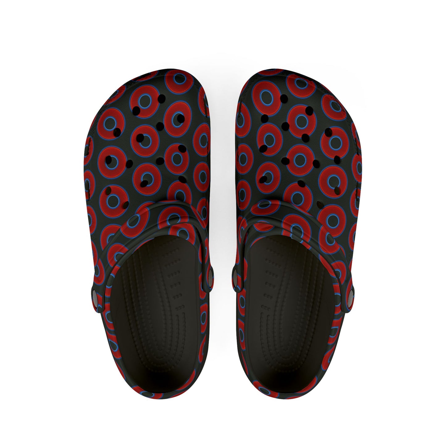 Spatchcocks - donut slip-on shoes - vivid red donuts w/midnight moss green background [unisex]