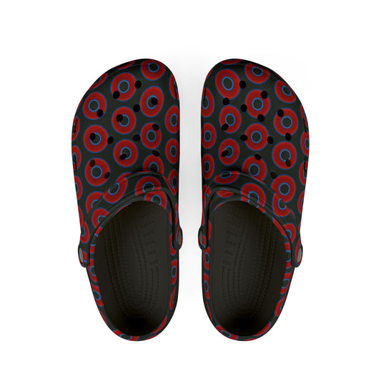 Spatchcocks - donut slip-on shoes - vivid red donuts w/midnight moss green background [unisex]