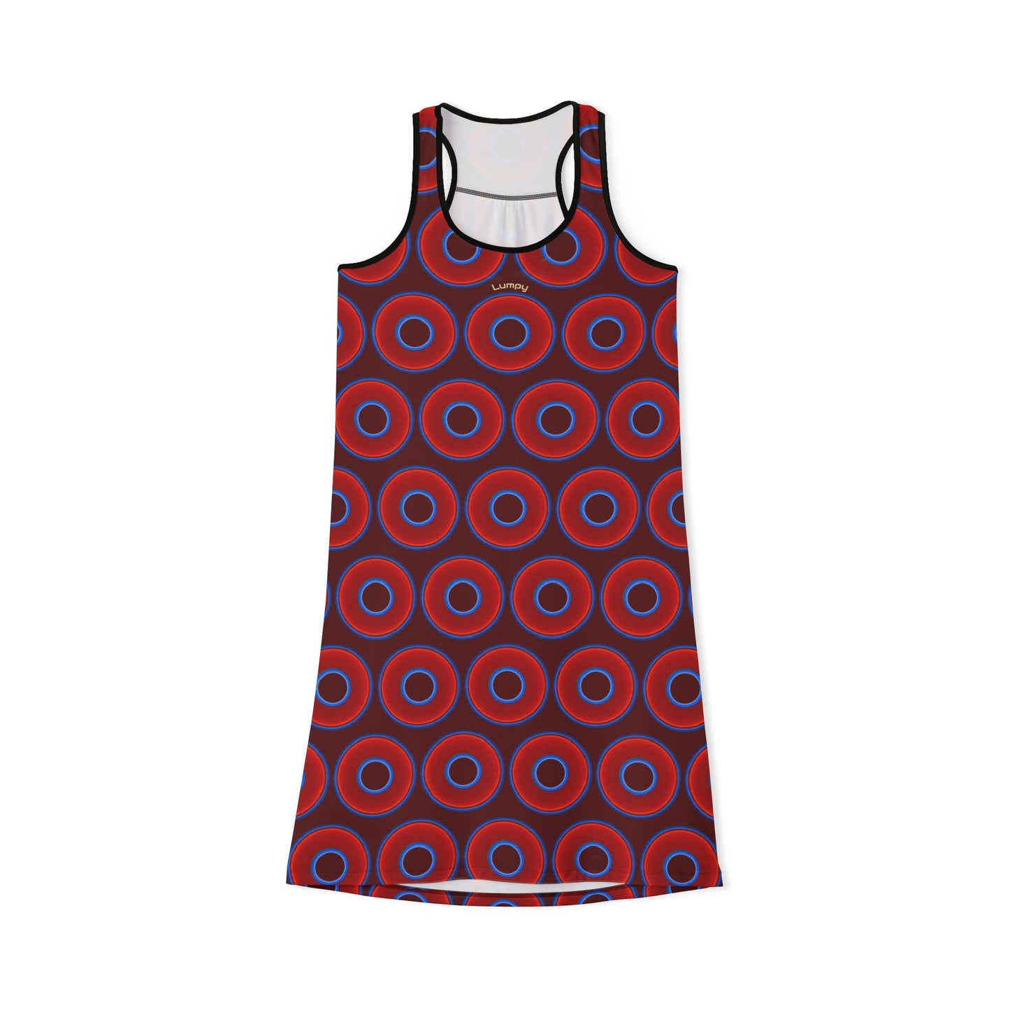 Tela's Lumpy Racerback Donut Dress - red vivid donut print w/dark red background