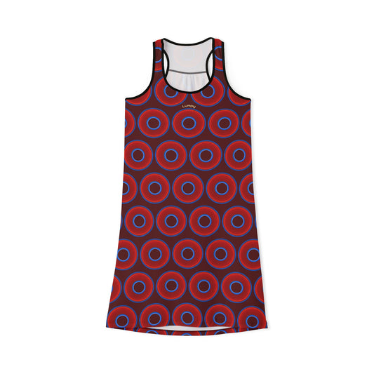 Tela's Lumpy Racerback Donut Dress - red vivid donut print w/dark red background
