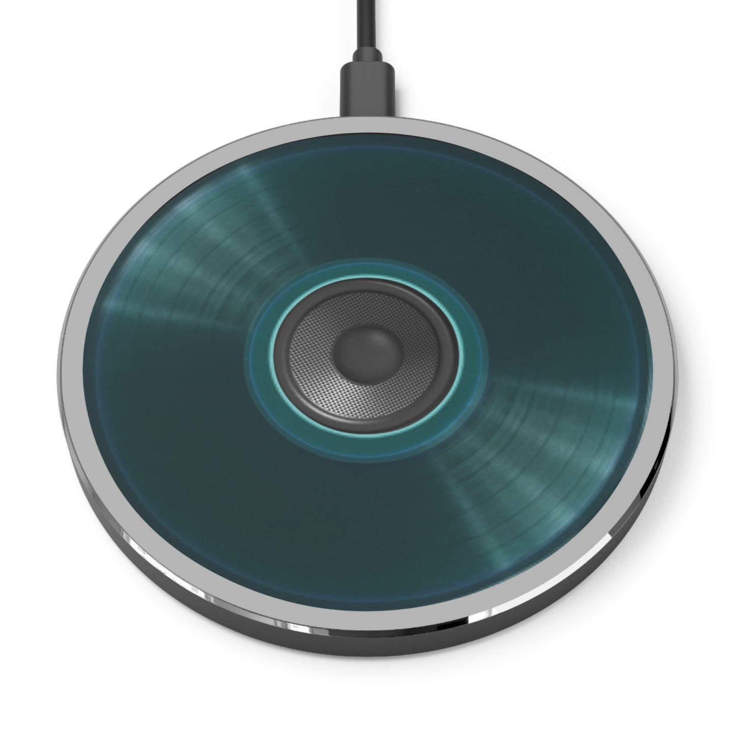 The Flow - Wireless Lumpy Donut Chargers - "Speaker Donut" - vivid dark teal record donut w/light gray background