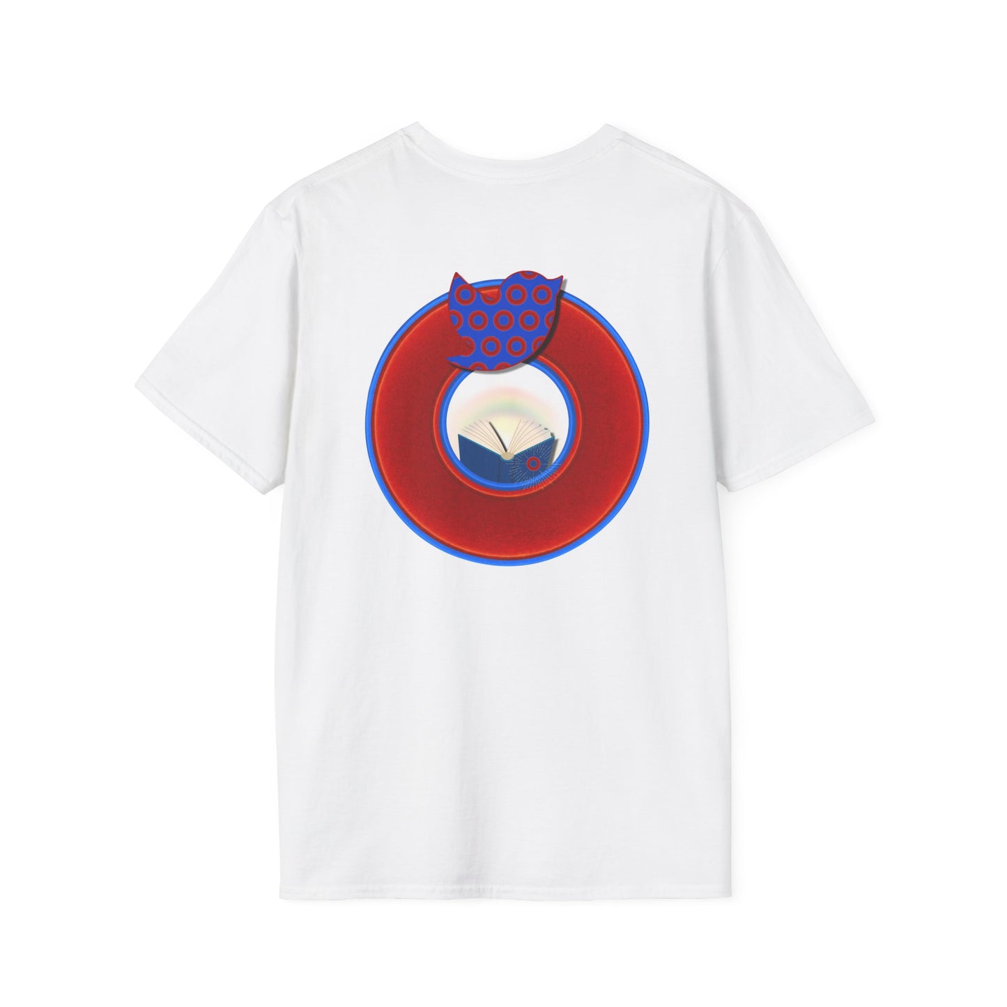 Classic Donut Tee - Unisex Soft-Style - "Phamous Mocking Donut" - vivid red/blue donut