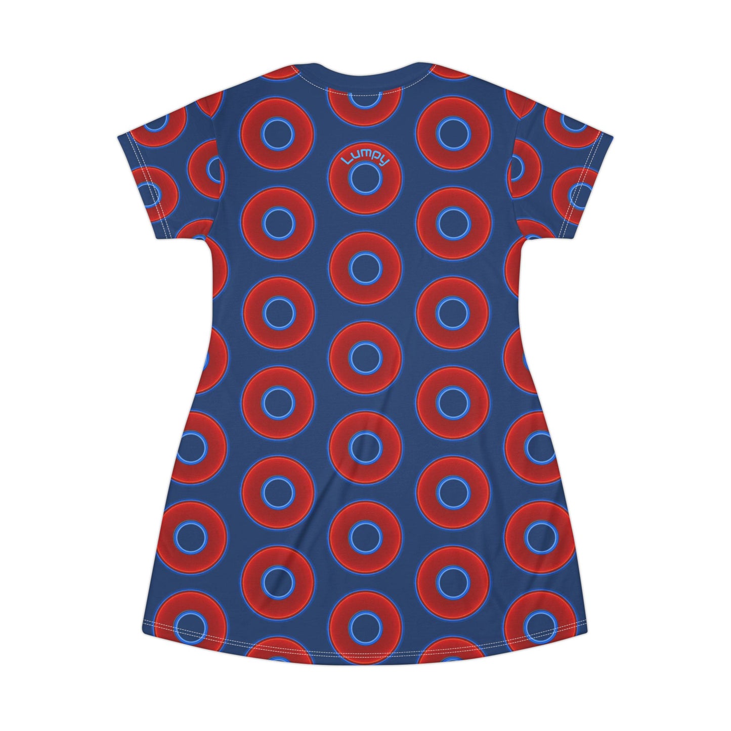 Not a Muumuu AOP Tee Shirt Dress - red vivid donuts w/Atlantic navy blue background