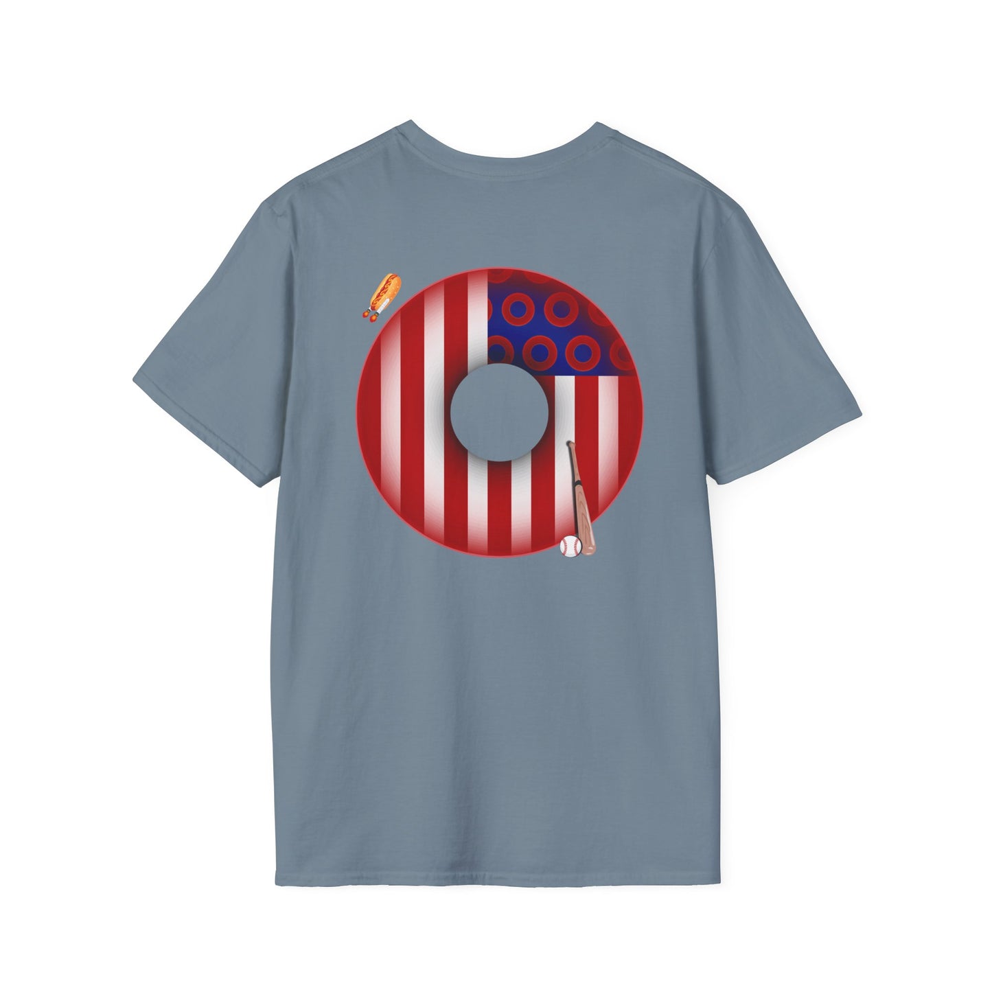 Classic Donut Tee - Unisex Soft-Style - "Uncle Sam's Donuts & Stripes" - vivid flag donut w/raw dogger