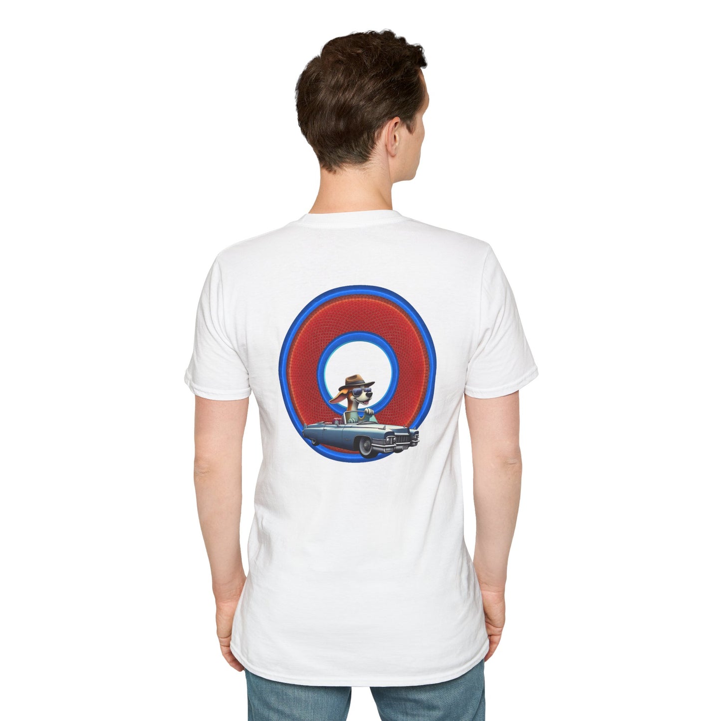 Classic Donut Tee - Unisex Soft-Style - "Jimmy's Marathon Donut Tee" - series 1.0  - variant 1 - rustic red/blue donut