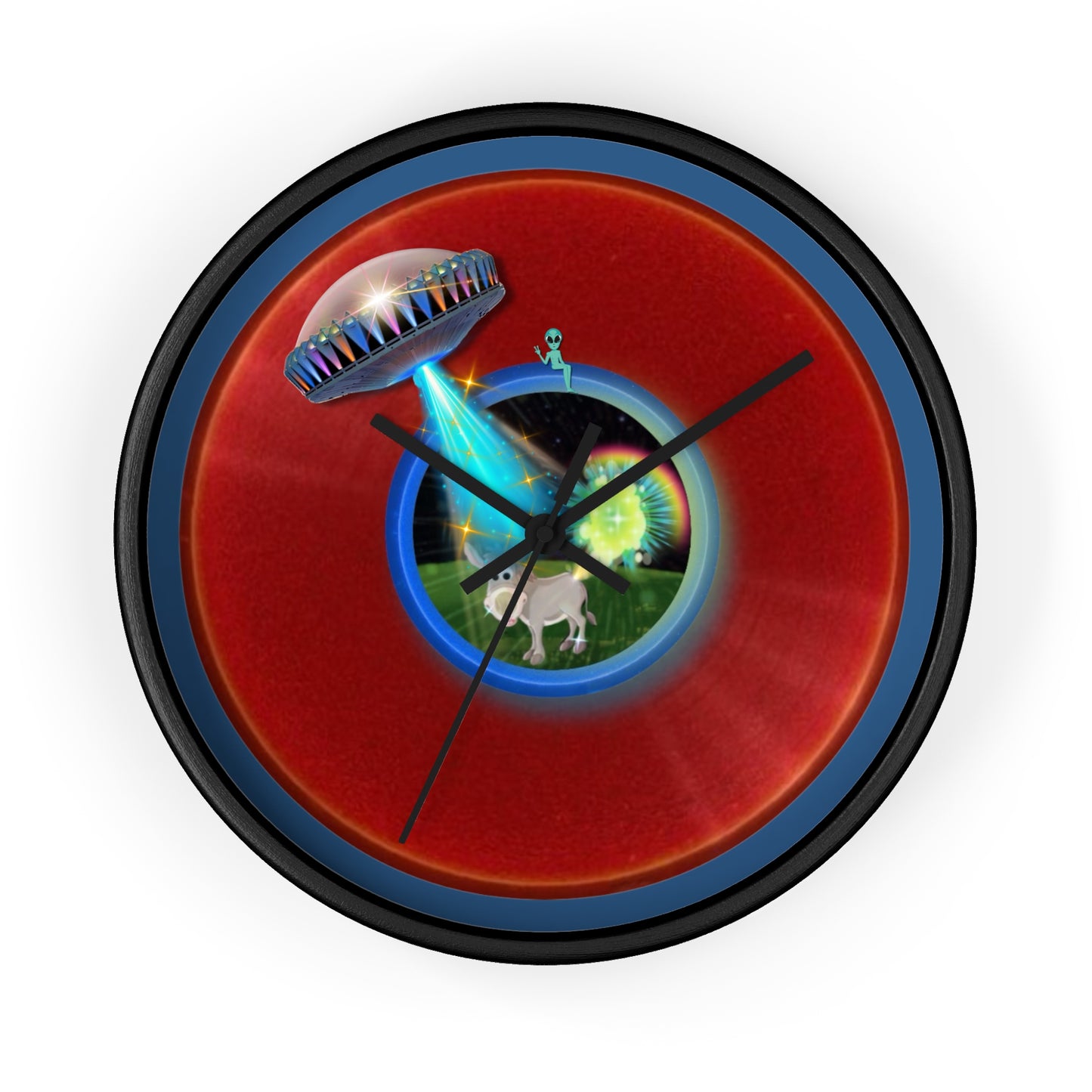 Lumpy Wall Clock - "Donut Clocks? In Tomahawk County?" - variant 1 - vivid red/blue donut w/light navy background
