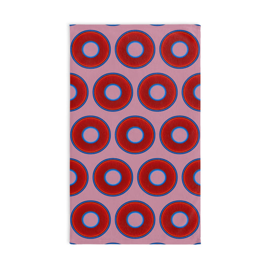 Lumpy Kitchen/Hand Towels - vivid red donuts w/pale magenta background