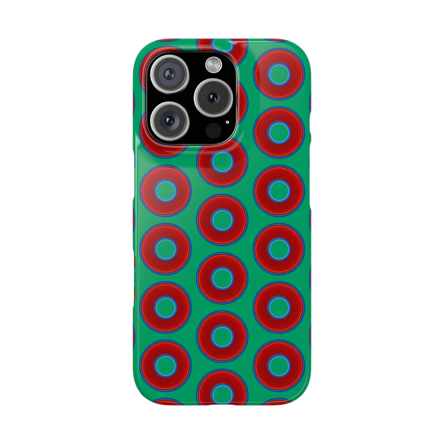 Lumpy Donut Snap Case - red vivid donut print w/jade green background