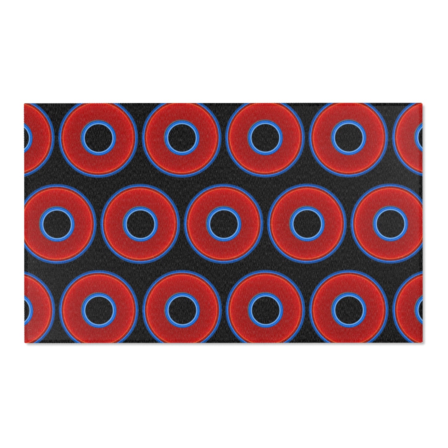 Lumpy Donut Print Rug - choice of 3 sizes - vivid red donut print w/black background