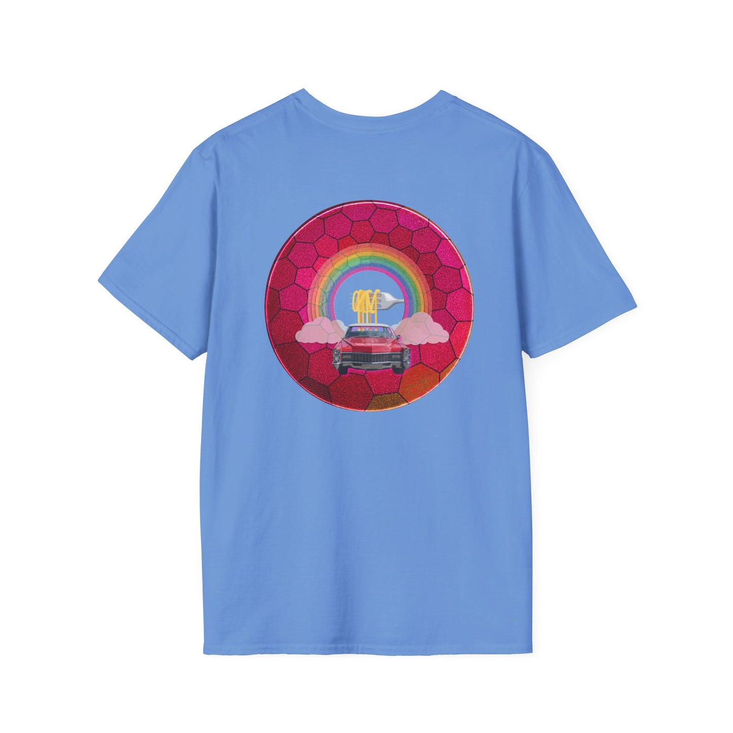 Classic Donut Tee - Unisex Soft-Style - "Cadillac Rainbows Donut Tee" - variant 1 - magenta hexadonut w/red caddy