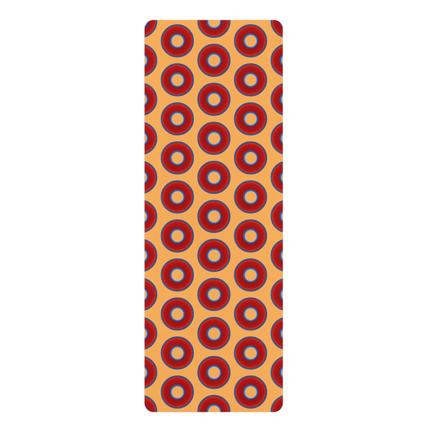 Lumpy Donut Yoga Mat :) - 24″ x 70" - vivid red donut print w/creamsicle background