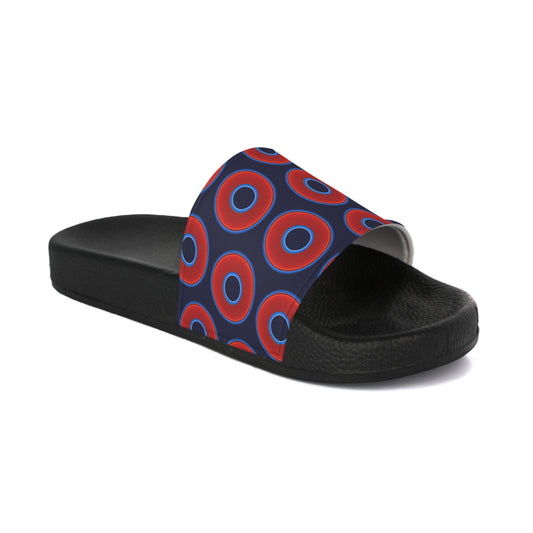 Men's Lumpy Sandals - slip-ons - red vivid donuts w/dark navy blue background